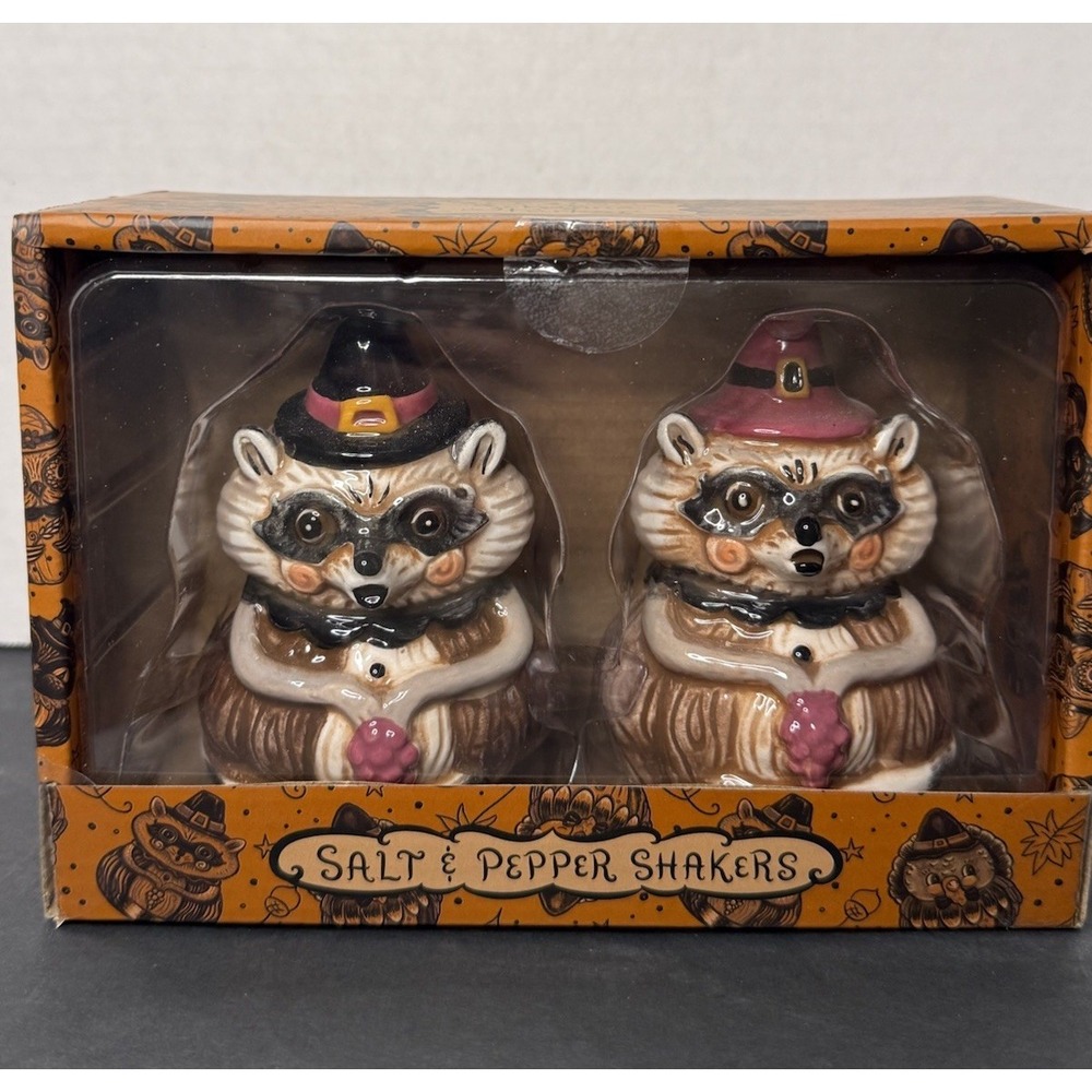 Johanna Parker Racoons Pilgrim Salt & Pepper Shaker Set NIB Thanksgiving/Fall